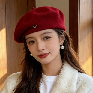 毛呢红色画家帽子女2026新款 定型蓓蕾帽气质优雅复古贝雷帽 秋冬季