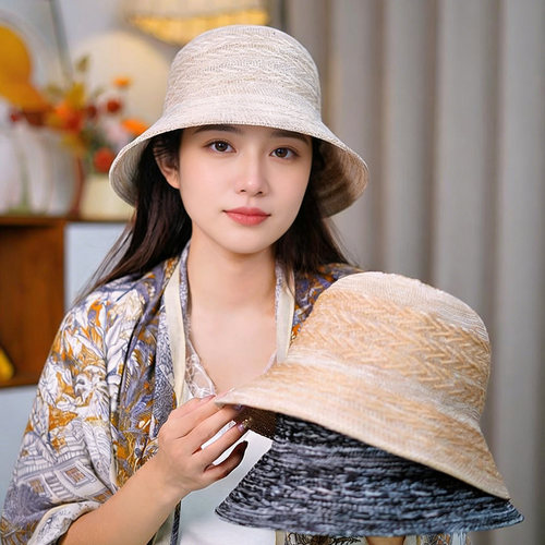 亚麻宽檐防晒可折叠渔夫帽女款
