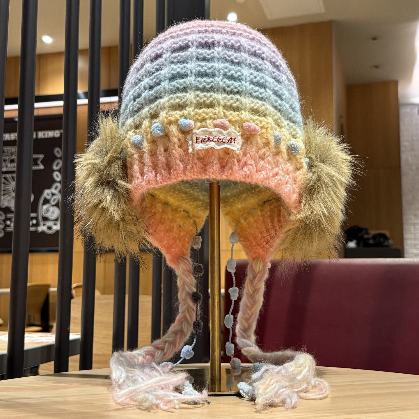 可爱彩色球球流苏混彩毛线帽秋冬季帽子女款保暖护耳针织帽包头帽