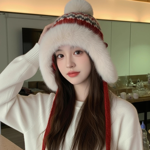 加厚加绒保暖雷锋帽子女秋冬季东北防寒护耳风雪帽红色针织毛线帽
