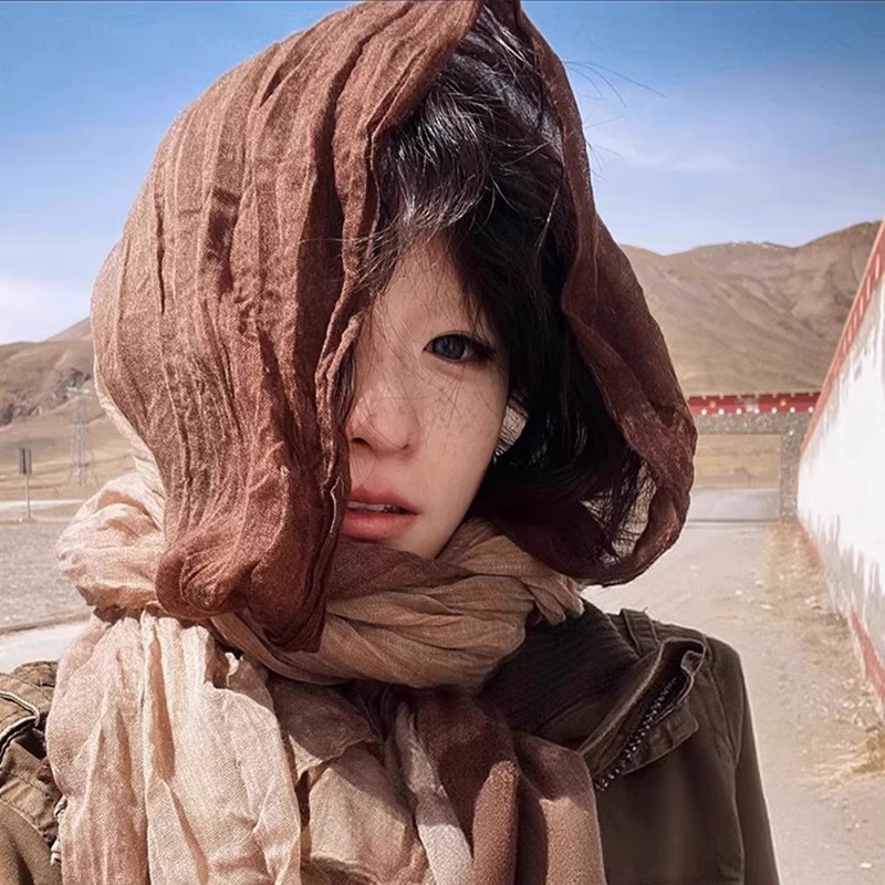民族风围巾废土风亚麻褶皱头巾女
