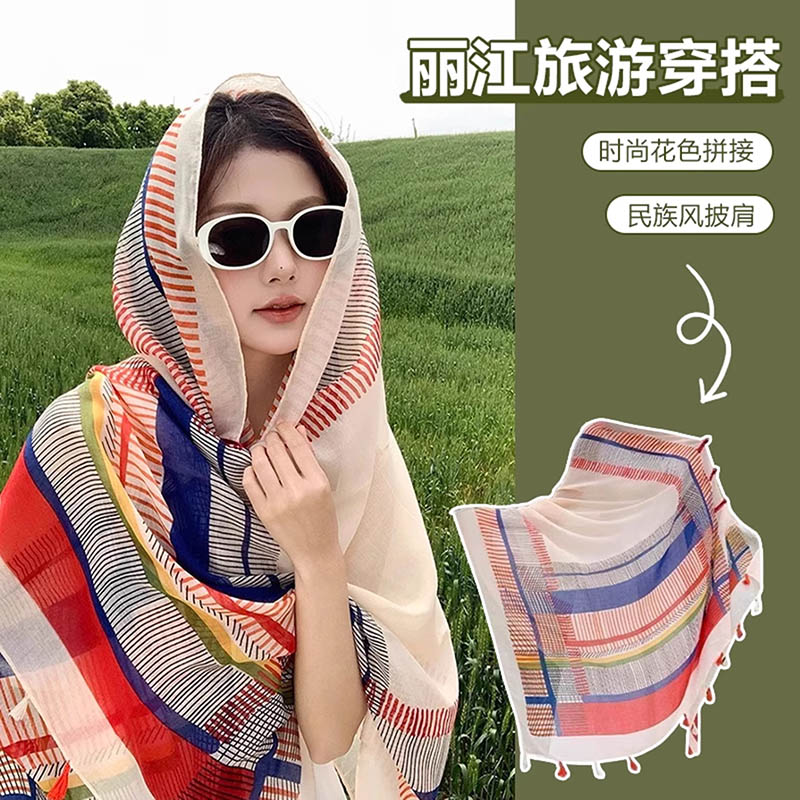 名族风盘扣披肩夏季轻薄透气度假风外搭斗篷云南旅游新款遮阳丝巾