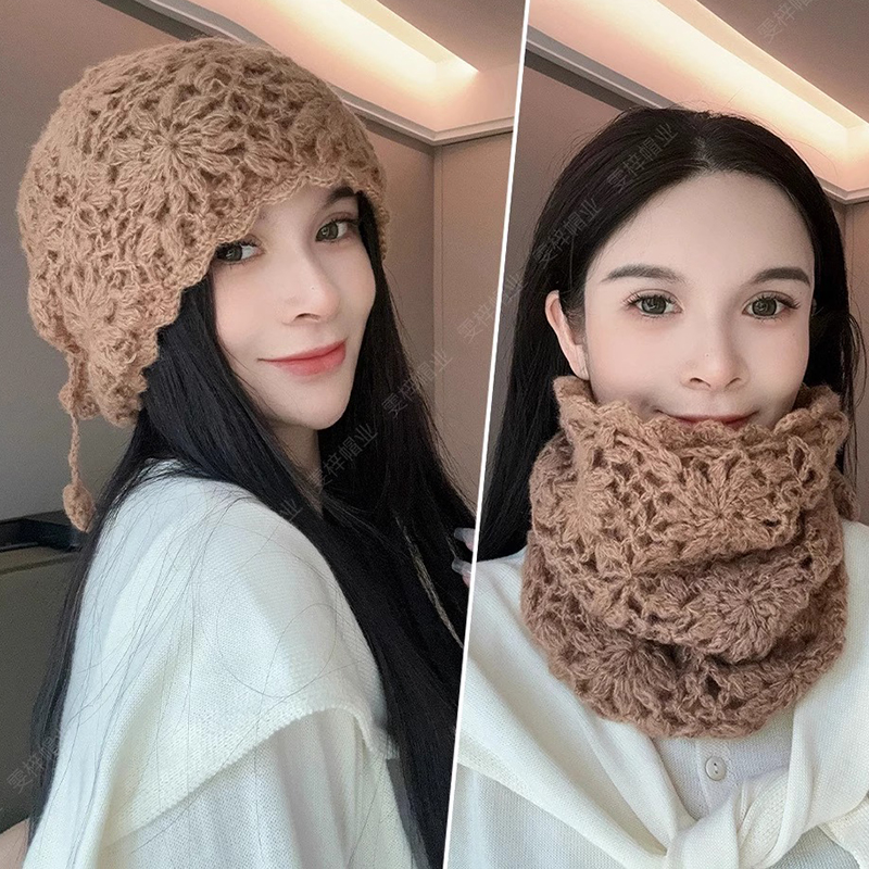 手工钩花围脖一体针织帽女2025秋冬新款保暖护脖毛线帽百搭包头帽