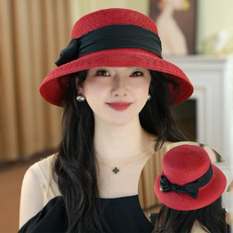 法式草编渔夫帽女夏季防晒蝴蝶结图片