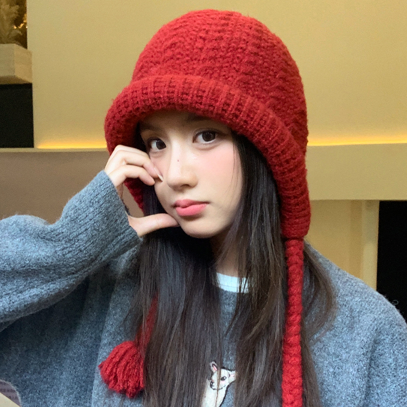 韩系纯色流苏红色帽子女