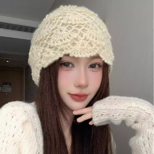 手工钩花针织帽子女2025新款 日系百搭保暖冷帽显脸小包头帽 秋冬季