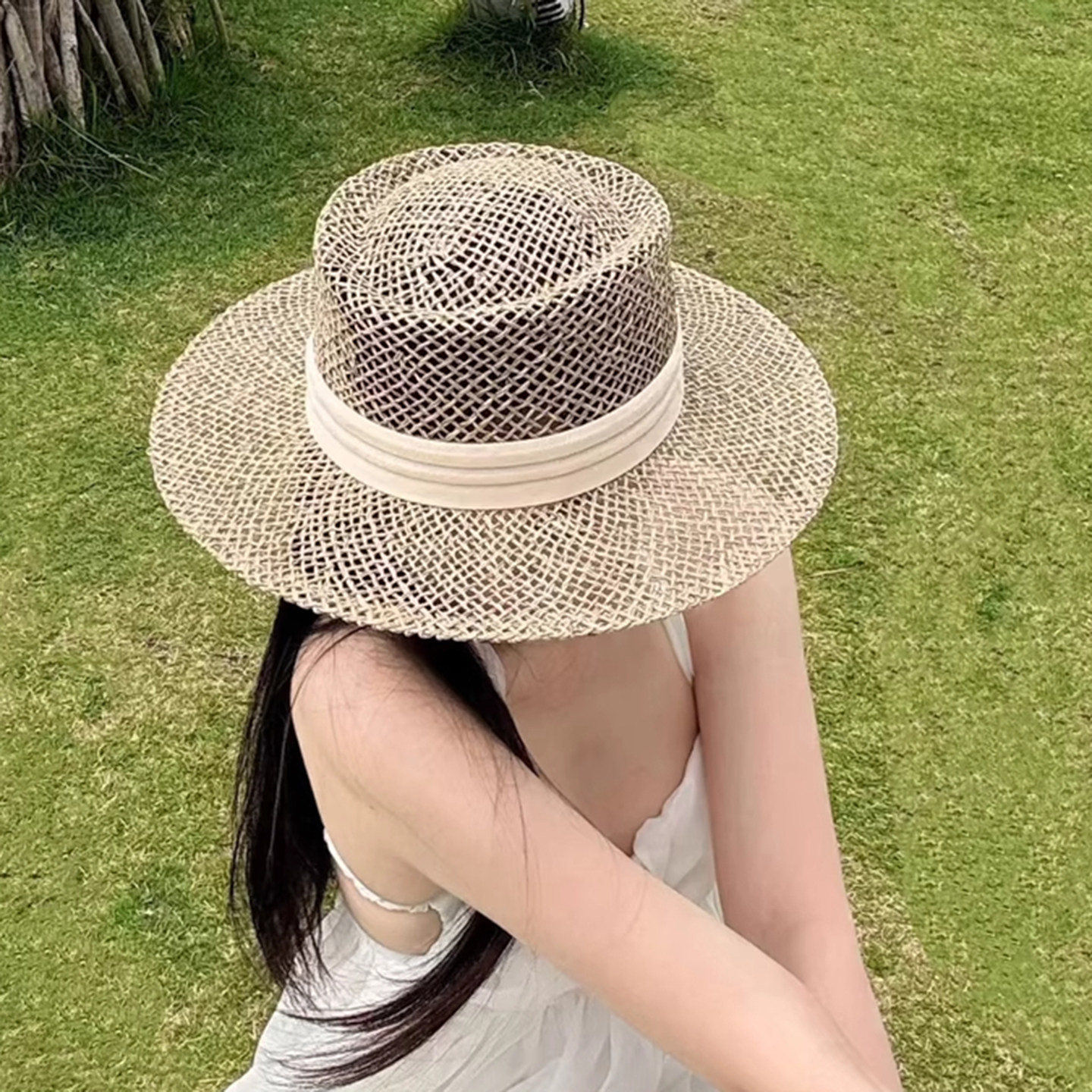 韩国镂空草编平顶礼帽咸水草草帽