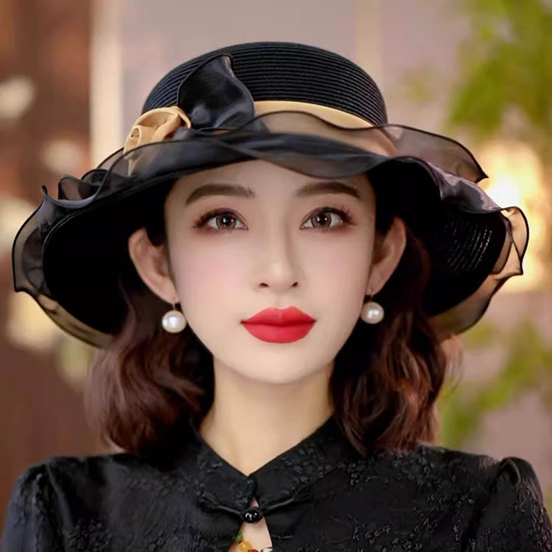 夏季时尚冰丝大檐草帽子女户外防紫外线防晒遮阳帽海边出游沙滩帽