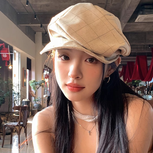 复古格子贝雷帽女2026新款画家帽