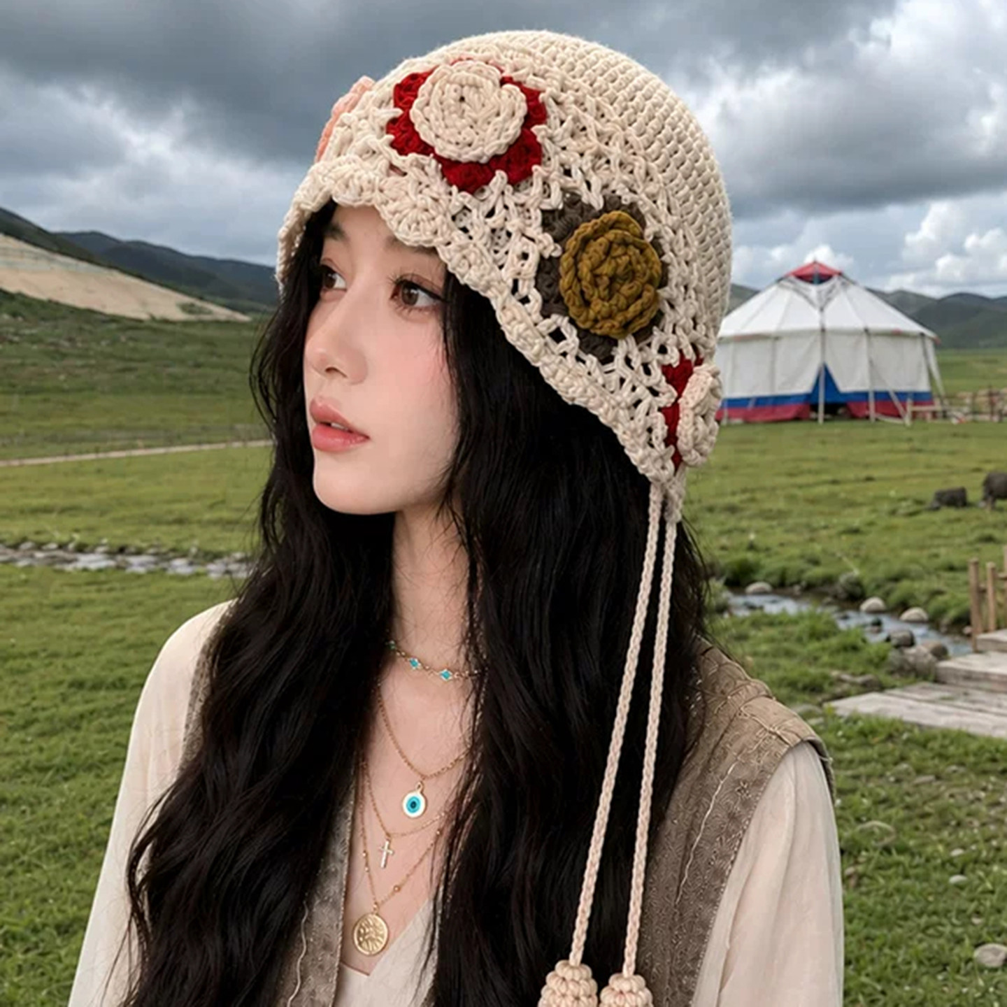 民族风花朵针织护耳帽女保暖