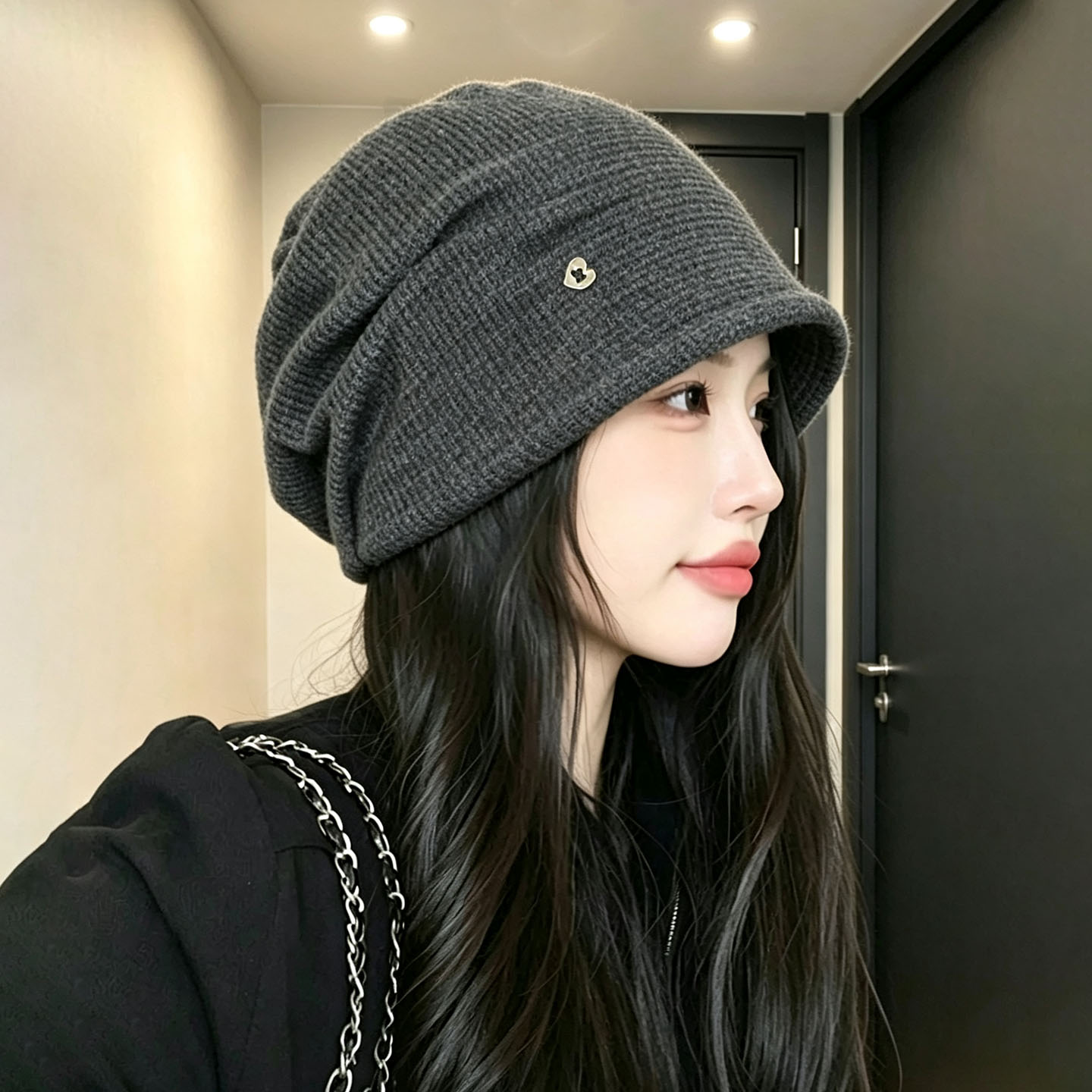 秋季女款针织堆堆帽显脸小