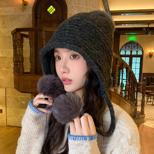 韩版绒球保暖针织毛线帽子女秋冬季加厚保暖防寒护耳显脸小包头帽