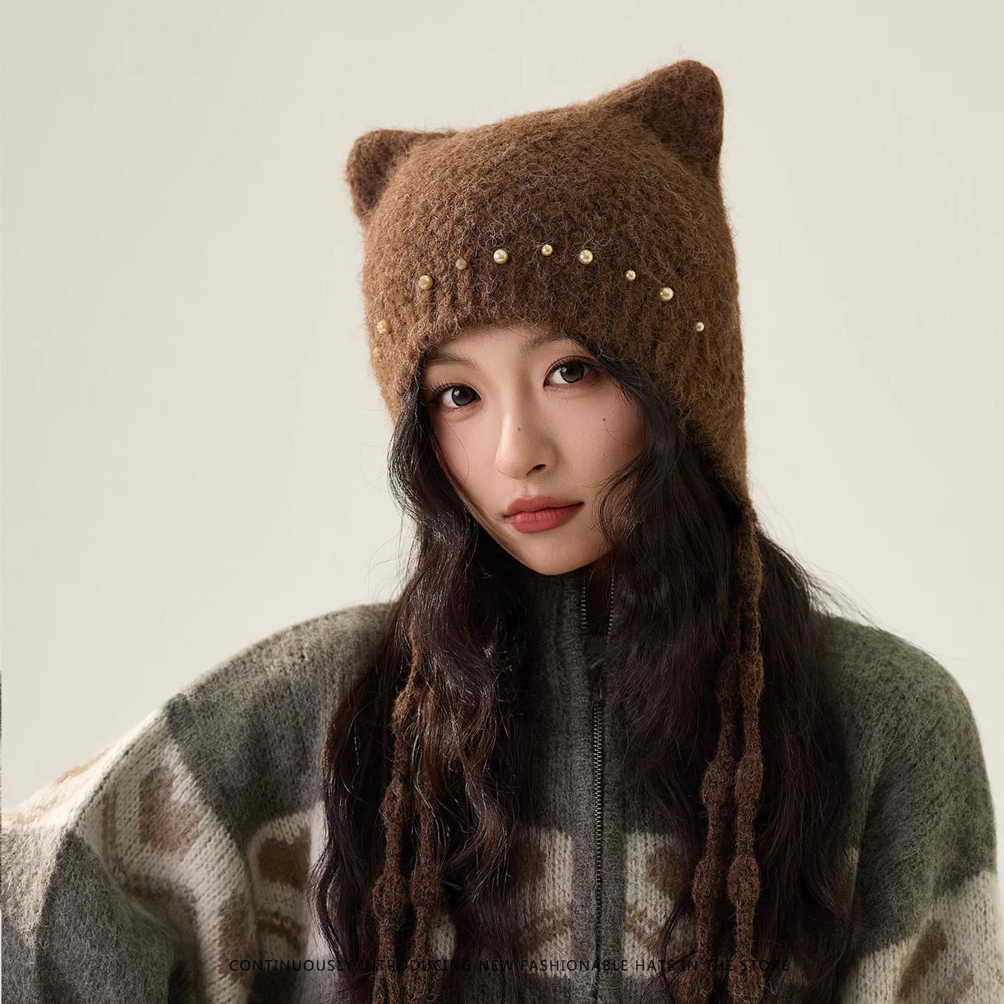 2025新款珍珠猫耳流苏保暖针织帽