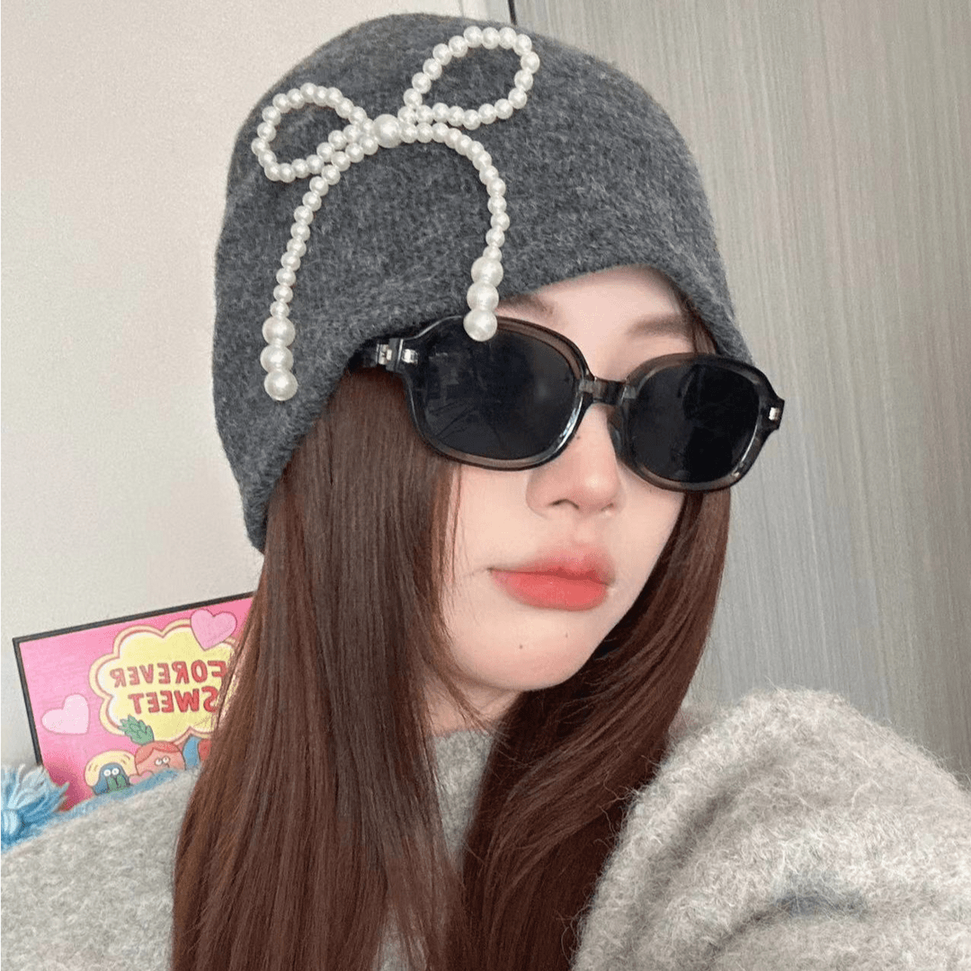 韩版珍珠蝴蝶结堆堆帽子女气质百搭针织毛线帽秋冬保暖护耳包头帽