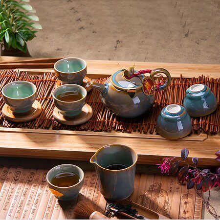 德强陶瓷 七彩钧瓷窑变功夫茶具 兔子壶整套茶具