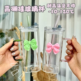 ins风高颜值水杯吸管杯 方形杯玻璃杯家用带把手办公室杯子女夏季