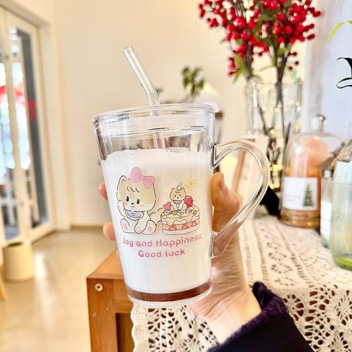 家用水杯把手玻璃杯吸管杯子