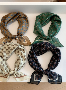 复古黑色玫瑰棉麻丝巾小方巾女新款春夏季叠穿流行领巾纱巾围巾薄