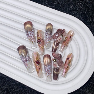 手绘猫眼冰透穿戴甲奢华仙女风气质温柔显白 玫瑰礼赞