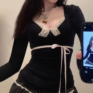 HEYOUNGIRL芭蕾少女蕾丝拼接蝴蝶结系带方领上衣甜美百搭黑色长袖