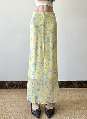 HEYOUNGIRL青柠萌语碎花黄色网纱半身裙小清新百搭多巴胺直筒长裙