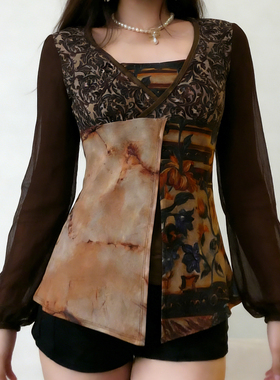HEYOUNGIRL复古新中式棕色花卉印花网纱长袖秋温柔气质假两件上衣