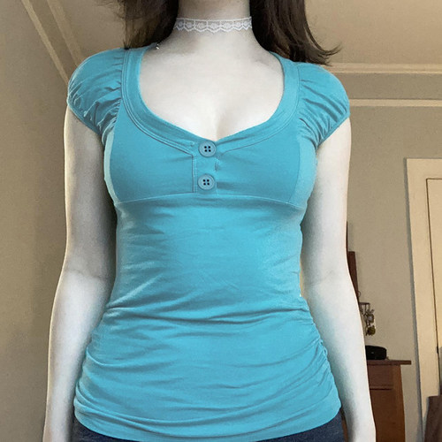 纯欲风方领纽扣清新绿短袖T恤女