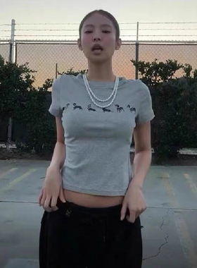 HEYOUNGIRLjennie同款腊肠犬印花灰色短袖T恤美式正肩百搭短上衣