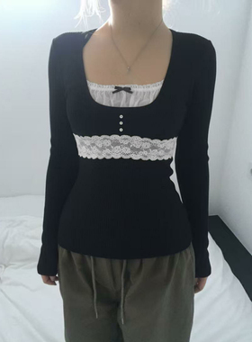 HEYOUNGIRL韩系ins简约蕾丝蝴蝶结假两件长袖秋温柔气质显瘦上衣