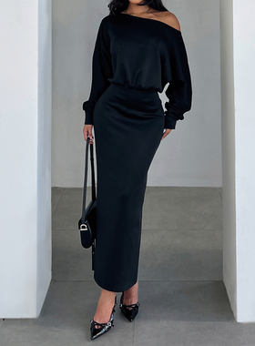 HEYOUNGIRL欧美辣妹斜肩设计黑色连衣裙时尚气质收腰显瘦包臀长裙