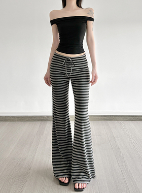 HEYOUNGIRL韩系简约条纹拼接系带休闲裤居家百搭修身灰色微喇裤女