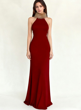 HEYOUNGIRL派对千金圣诞氛围感毛毛红色连衣裙百搭晚宴显瘦长裙女