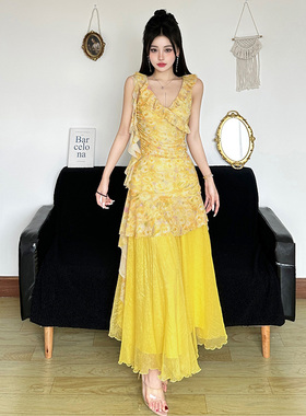 HEYOUNGIRL花漾少女荷叶边碎花吊带连衣裙纯欲叠穿黄色网纱长裙