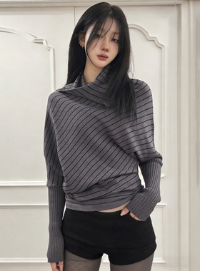 HEYOUNGIRL韩系松弛感不规则条纹翻领拼接长袖气质收腰马蹄袖上衣