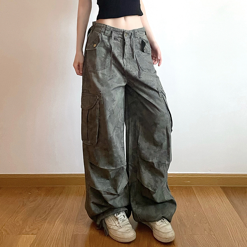美式复古口袋拼接迷彩工装裤