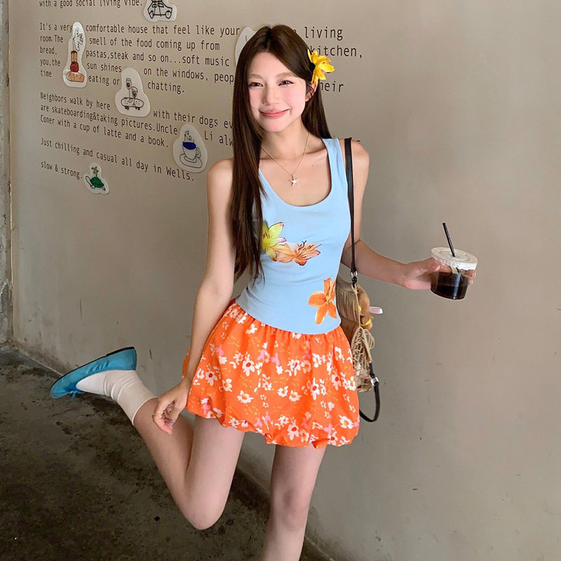HEYOUNGIRL橘子汽水花卉印花撞色吊带背心碎花橙色花苞半裙套装女,女装/女士精品,时尚套装,淘宝优惠券,粉丝福利购,淘宝优惠卷