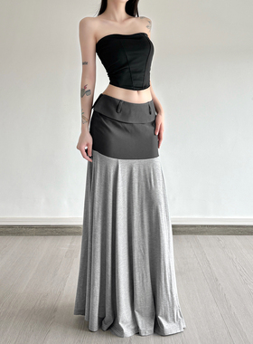 HEYOUNGIRL日杂休闲撞色拼接翻腰头灰色伞裙百搭宽松显瘦半身裙