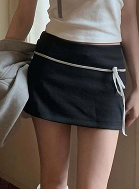 HEYOUNGIRL盐系甜妹绑带设计黑色半裙简约基础百搭直筒显瘦短裙夏