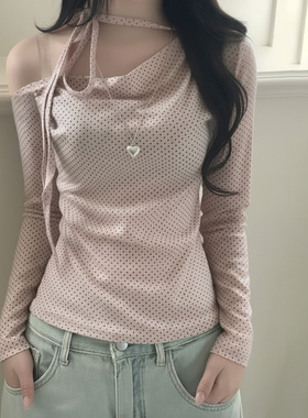 HEYOUNGIRL韩系少女撞色波点荡领长袖T恤纯欲百搭修身显瘦上衣女