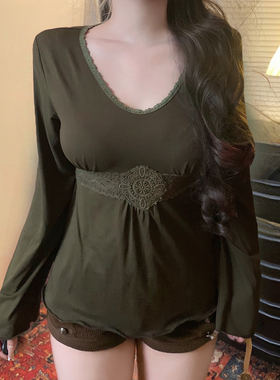 HEYOUNGIRL森系复古蕾丝拼接绿色长袖T恤气质百搭修身显瘦上衣女