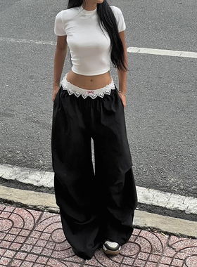 HEYOUNGIRL美式复古撞色蕾丝拼接腰头休闲裤百搭宽松显瘦黑色长裤