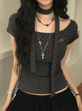 HEYOUNGIRL韩系简约撞色波点烫银低领短袖T恤百搭修身围脖上衣女