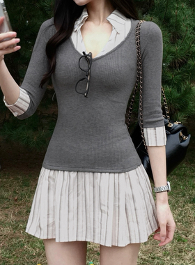 HEYOUNGIRL美式学院风撞色条纹拼接假两件连衣裙气质收腰灰色短裙