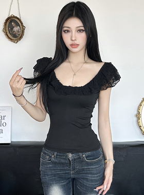 HEYOUNGIRL法式复古荷叶边波点网纱低领黑色T恤百搭显瘦短上衣女