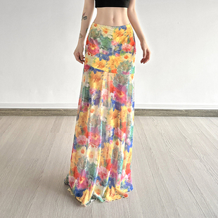 HEYOUNGIRL夏日调色盘晕染花卉印花半身裙纯欲百搭包臀网纱长裙夏