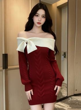 HEYOUNGIRL法式甜美风一字肩蝴蝶结包臀连衣裙气质温柔显瘦短裙女