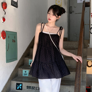 吊带背心 HEYOUNGIRL韩系甜美撞色波点系带设计宽松上衣百搭中长款