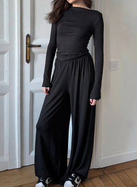 HEYOUNGIRL欧美辣妹黑色圆领长袖T恤百搭松紧腰垂感长裤休闲套装