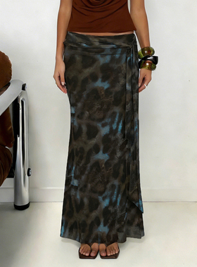 HEYOUNGIRL轻亚感豹纹印花绿色网纱半身裙潮辣妹百搭低腰绑带长裙