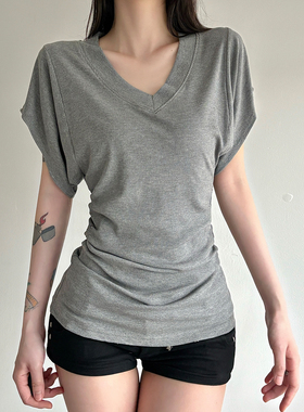 HEYOUNGIRL慵懒风辣妹褶皱设计V领短袖T恤简约百搭显示灰色上衣女